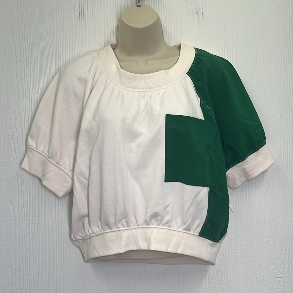 Free People - NWT Movement Green And Cream Base Short Sleeve Sweatshirt T Size M - Picture 3 of 12
